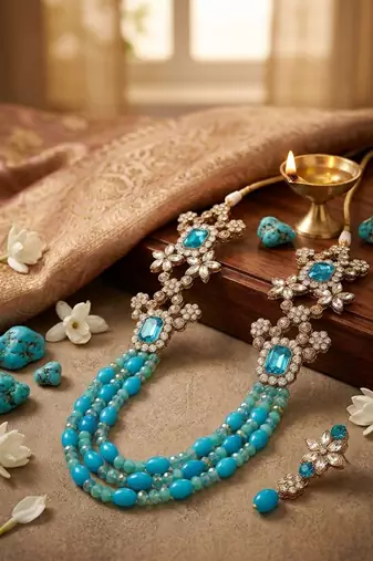 Turquoise stone & bead kundan long necklace set