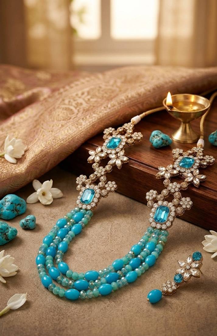 Turquoise stone & bead kundan long necklace set
