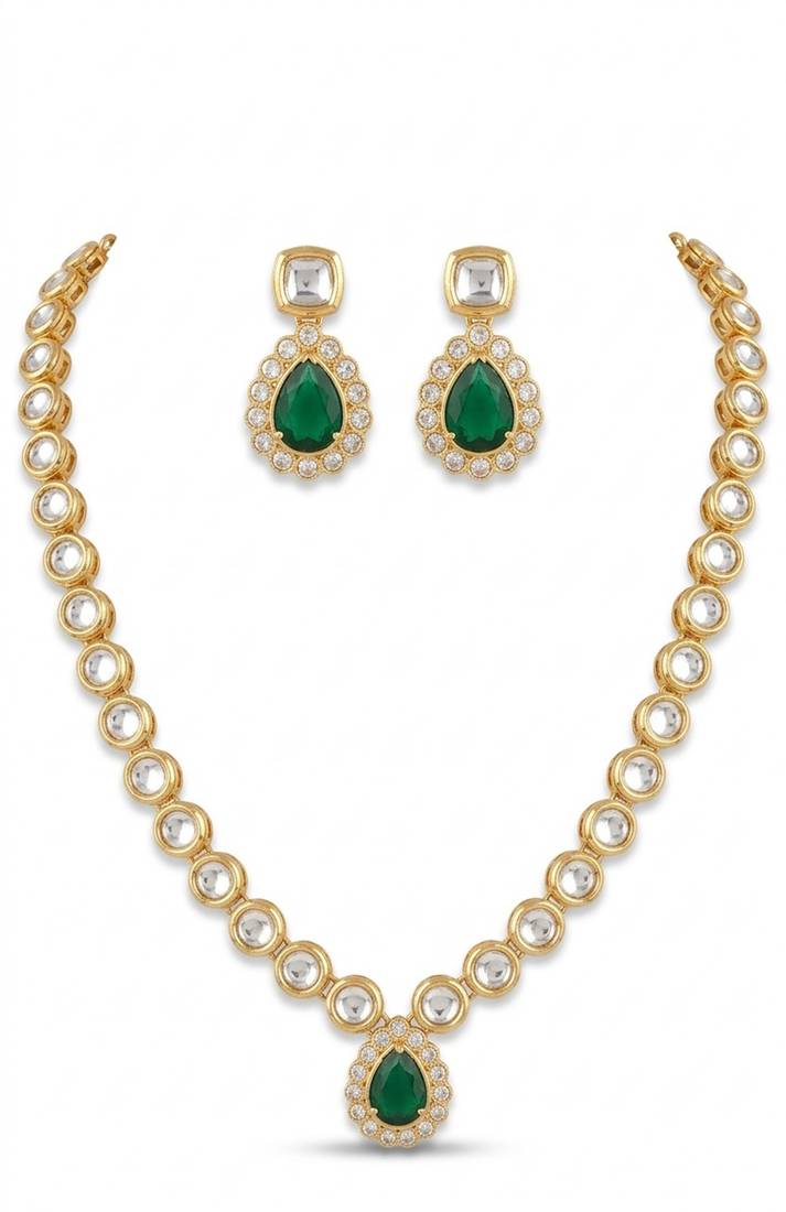 Emerald drop kundan solitaire necklace set