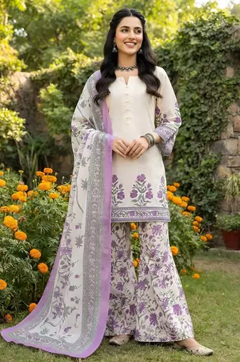 Off white printed pure cotton kurta trouser dupatta set