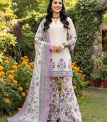 Off white printed pure cotton kurta trouser dupatta set