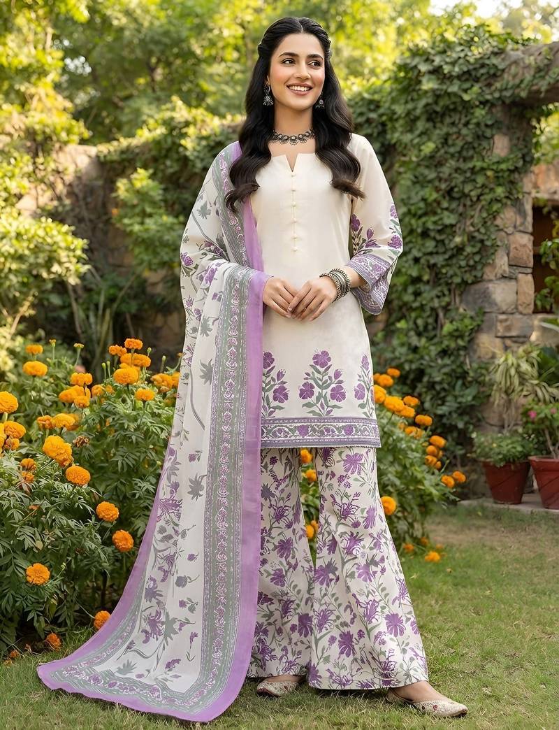 Off white printed pure cotton kurta trouser dupatta set