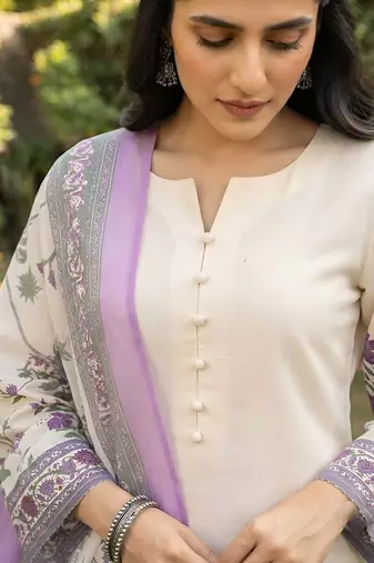 Off white printed pure cotton kurta trouser dupatta set