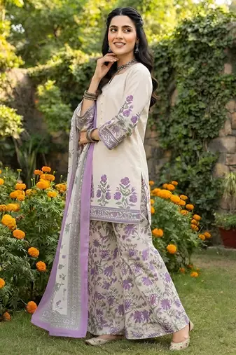 Off white printed pure cotton kurta trouser dupatta set