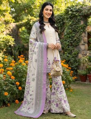 Off white printed pure cotton kurta trouser dupatta set 4