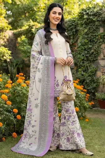 Off white printed pure cotton kurta trouser dupatta set