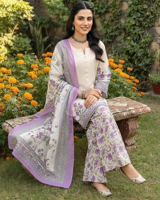 Off white printed pure cotton kurta trouser dupatta set 5