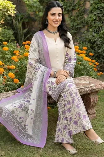 Off white printed pure cotton kurta trouser dupatta set
