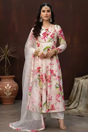 White printed polyester kurta trouser dupatta set