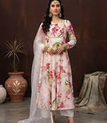 White printed polyester kurta trouser dupatta set
