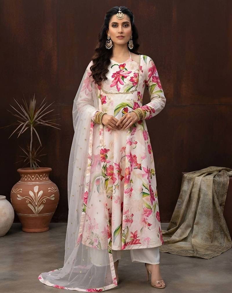 White printed polyester kurta trouser dupatta set