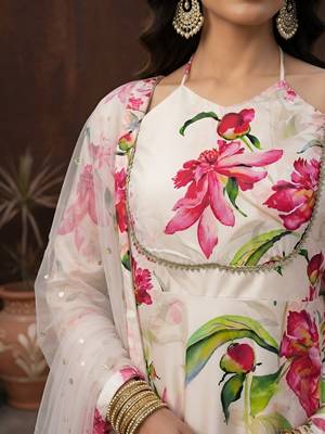 White printed polyester kurta trouser dupatta set 2
