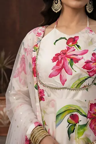 White printed polyester kurta trouser dupatta set