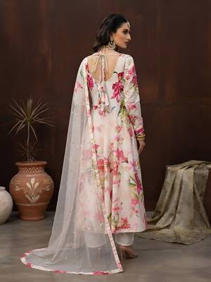 White printed polyester kurta trouser dupatta set 3