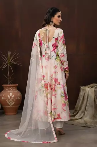 White printed polyester kurta trouser dupatta set