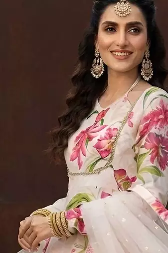 White printed polyester kurta trouser dupatta set