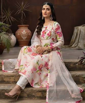 White printed polyester kurta trouser dupatta set 5