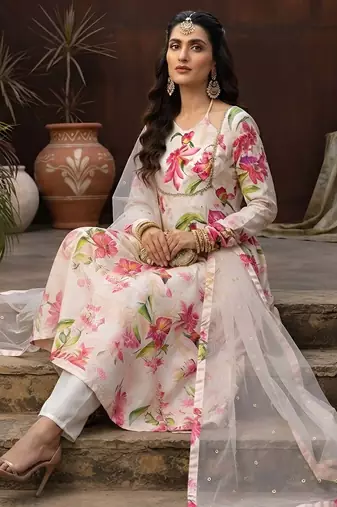 White printed polyester kurta trouser dupatta set