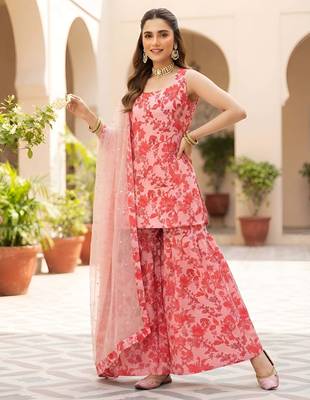Pink printed polyester kurta trouser dupatta set 1