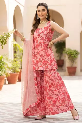 Pink printed polyester kurta trouser dupatta set