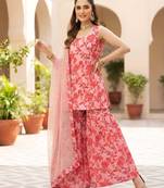 Pink printed polyester kurta trouser dupatta set