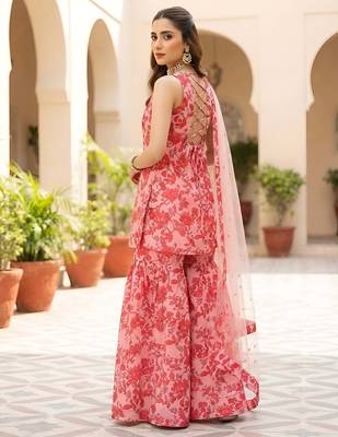 Pink printed polyester kurta trouser dupatta set 2