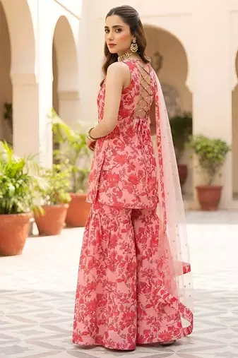 Pink printed polyester kurta trouser dupatta set