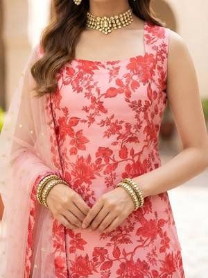 Pink printed polyester kurta trouser dupatta set 3