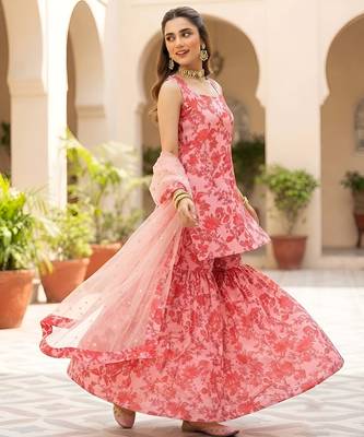 Pink printed polyester kurta trouser dupatta set 4