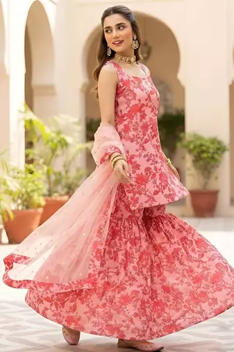 Pink printed polyester kurta trouser dupatta set