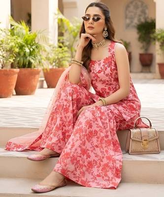 Pink printed polyester kurta trouser dupatta set 5