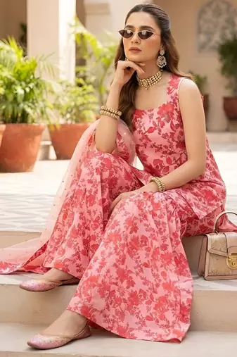 Pink printed polyester kurta trouser dupatta set