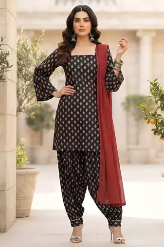 Black printed pure cotton kurta trouser dupatta set