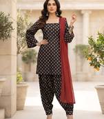 Black printed pure cotton kurta trouser dupatta set