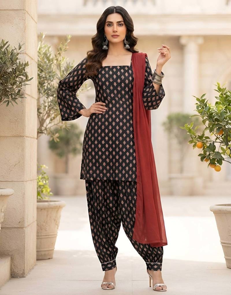 Black printed pure cotton kurta trouser dupatta set