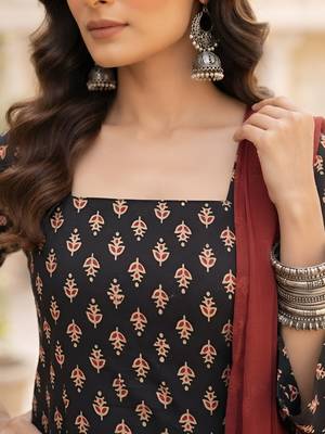 Black printed pure cotton kurta trouser dupatta set 2