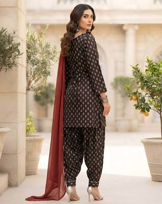 Black printed pure cotton kurta trouser dupatta set 3