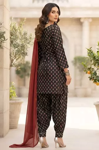 Black printed pure cotton kurta trouser dupatta set