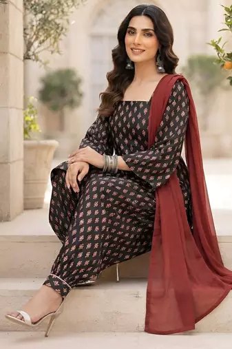 Black printed pure cotton kurta trouser dupatta set
