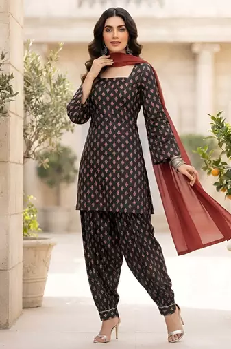 Black printed pure cotton kurta trouser dupatta set