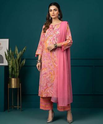 Pink printed pure cotton kurta trouser dupatta set 1