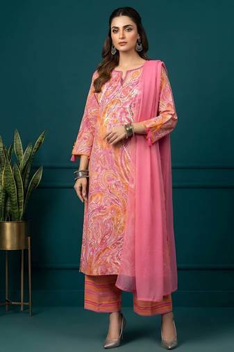 Pink printed pure cotton kurta trouser dupatta set