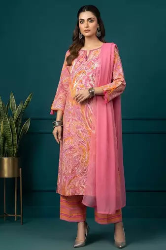 Pink printed pure cotton kurta trouser dupatta set