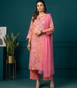 Pink printed pure cotton kurta trouser dupatta set