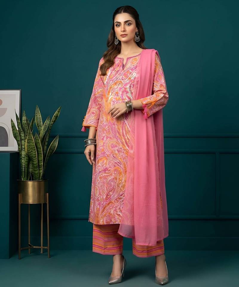 Pink printed pure cotton kurta trouser dupatta set