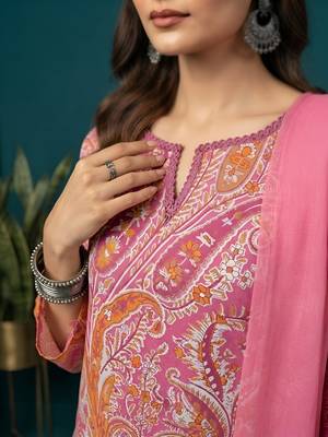 Pink printed pure cotton kurta trouser dupatta set 2