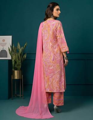 Pink printed pure cotton kurta trouser dupatta set 3