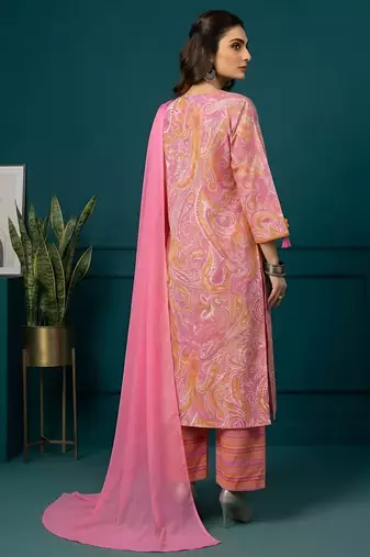 Pink printed pure cotton kurta trouser dupatta set
