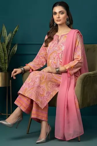 Pink printed pure cotton kurta trouser dupatta set