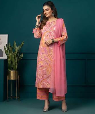 Pink printed pure cotton kurta trouser dupatta set 5